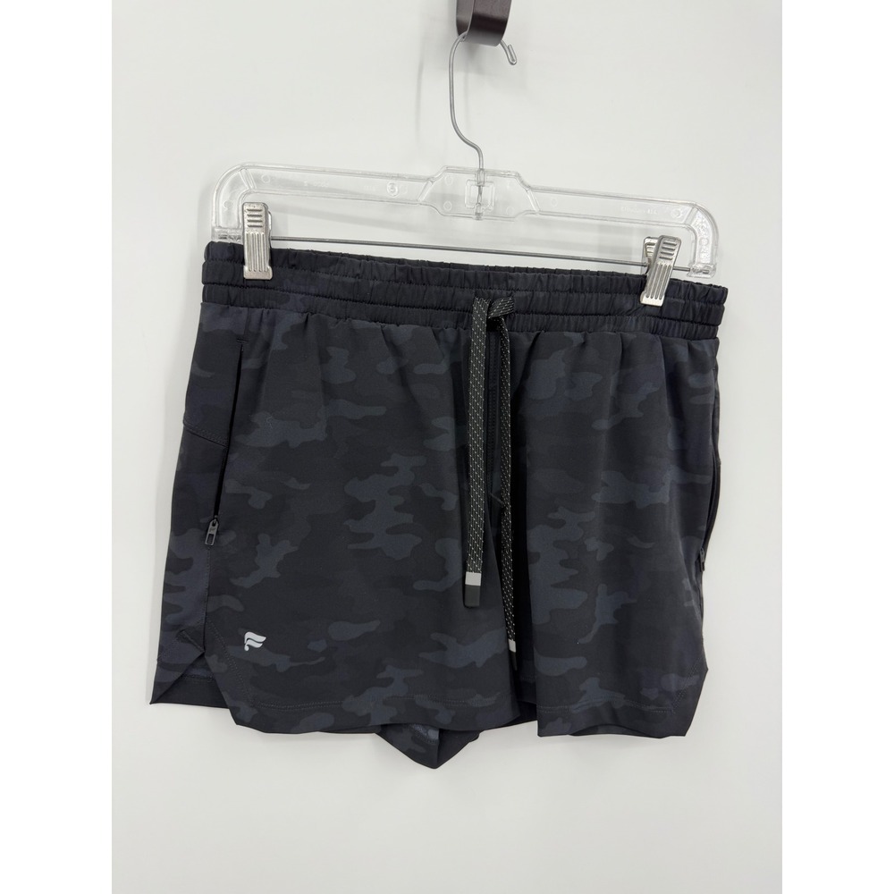 Fabletics Camo Active Shorts‎ Women M Black Charcoal Zipper Pockets Drawstring